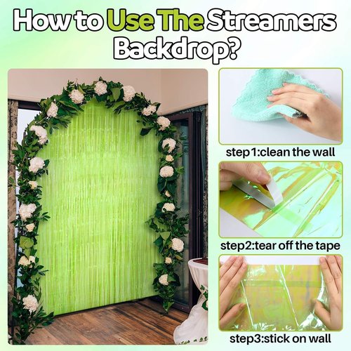 Fanfanwin Neon Green Streamers - 2 Pcs Foil Fringe Tinsel Backdrop Curtains for Parties | 3.28 x 8.2 ft