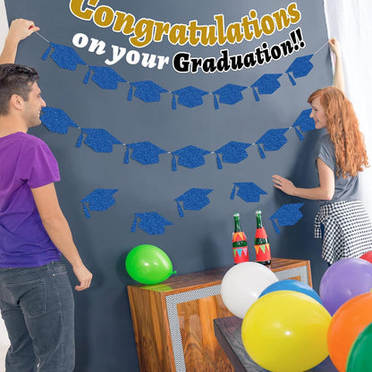 Whaline Graduation Cap Cutouts - Glitter Blue Confetti with 100 Glue Points | 50 Pcs, 5.7 Inch