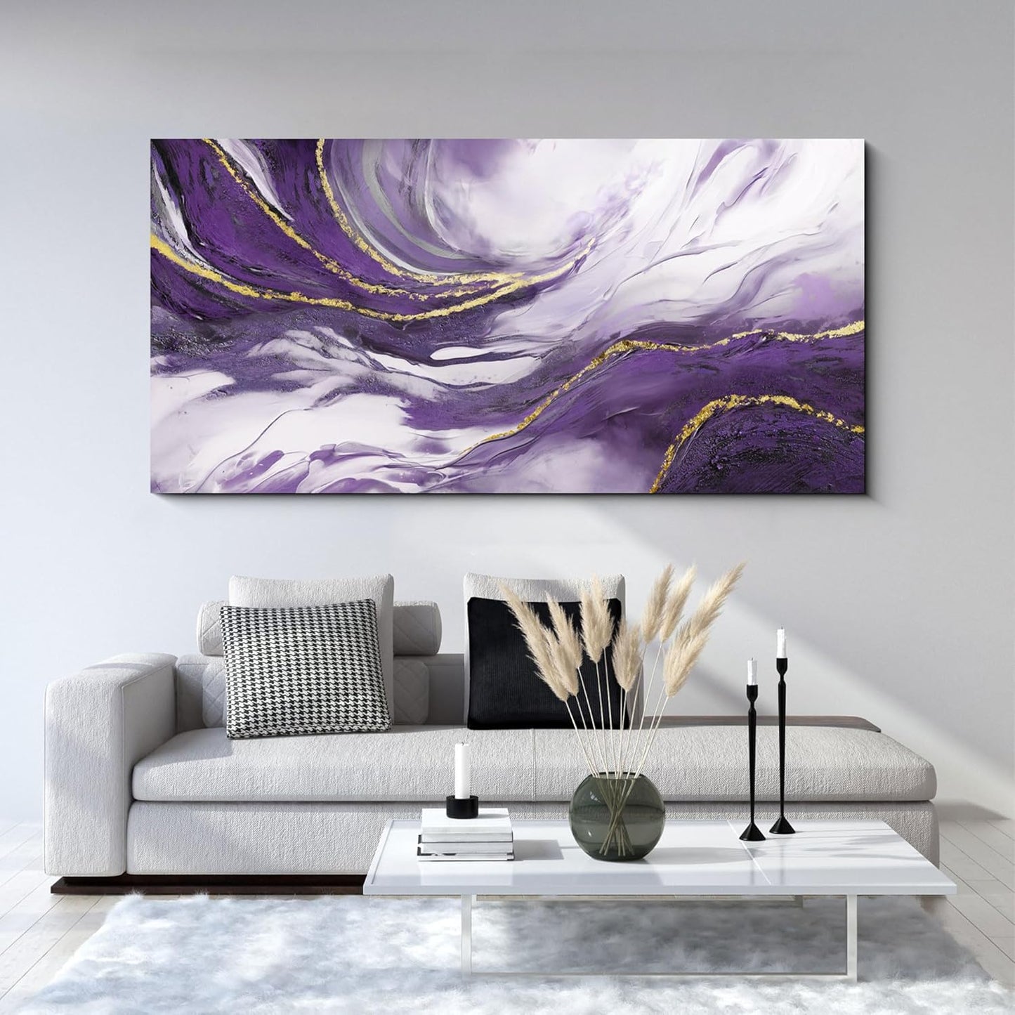 Yiijeah Large Canvas Wall Art - Purple and Gold Abstract Design for Living Room | Modern Framed Decor