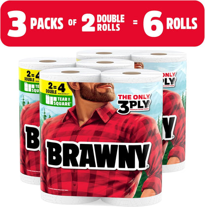 Brawny Tear-A-Square 3-Ply Paper Towels - 6 Double Rolls (Equivalent to 12 Regular Rolls)