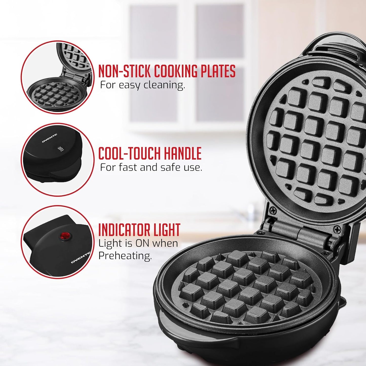 OVENTE Mini Waffle Maker - 4-Inch Non-Stick Chaffle Mold with Quick Heat-Up & Overheat Protection - Black WM215B