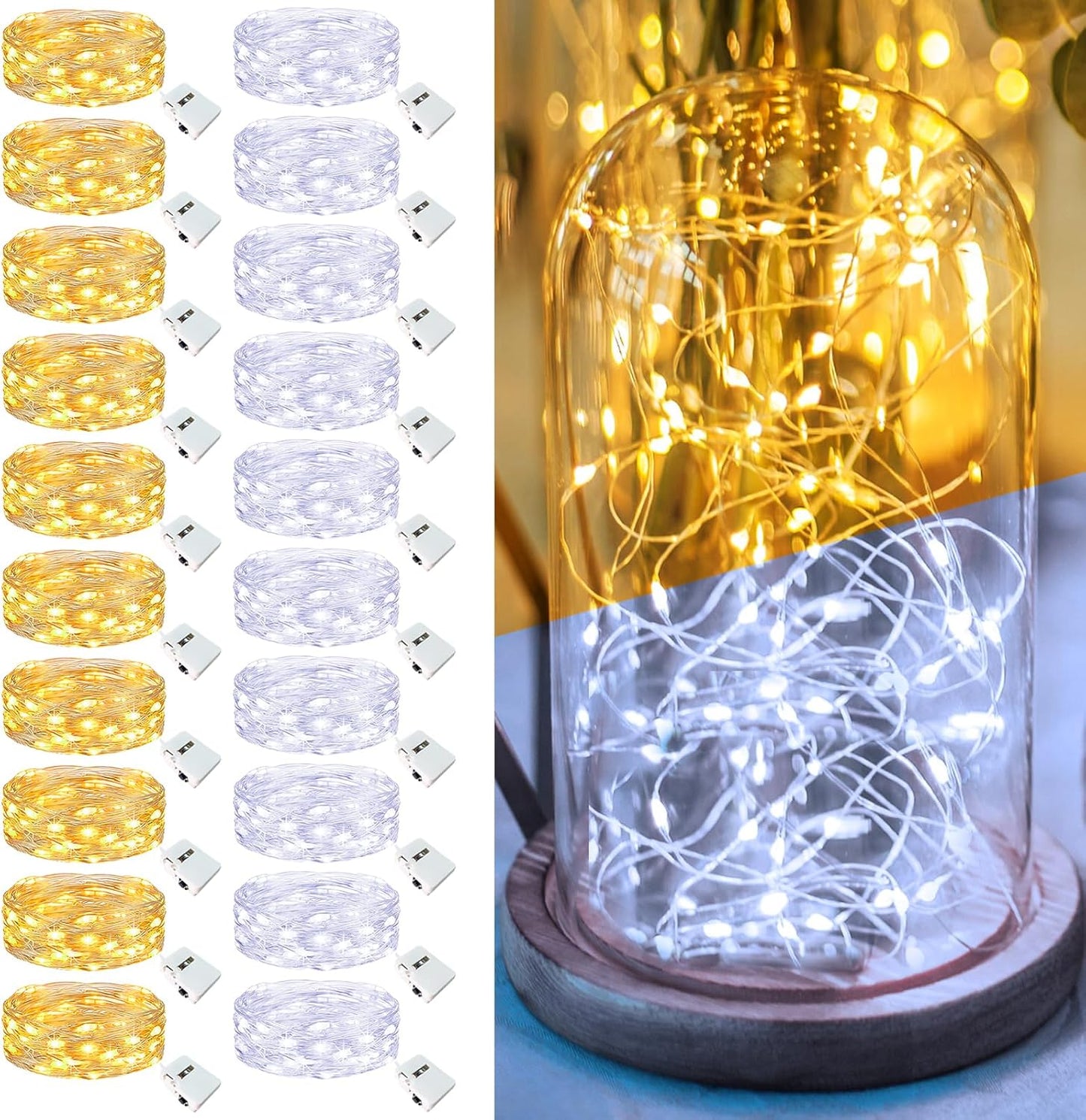 Skiennix 20 Pack Fairy Lights - 7ft Battery Operated LED Twinkle String Lights | Waterproof for Mason Jars & DIY Decor - Warm & Cold White