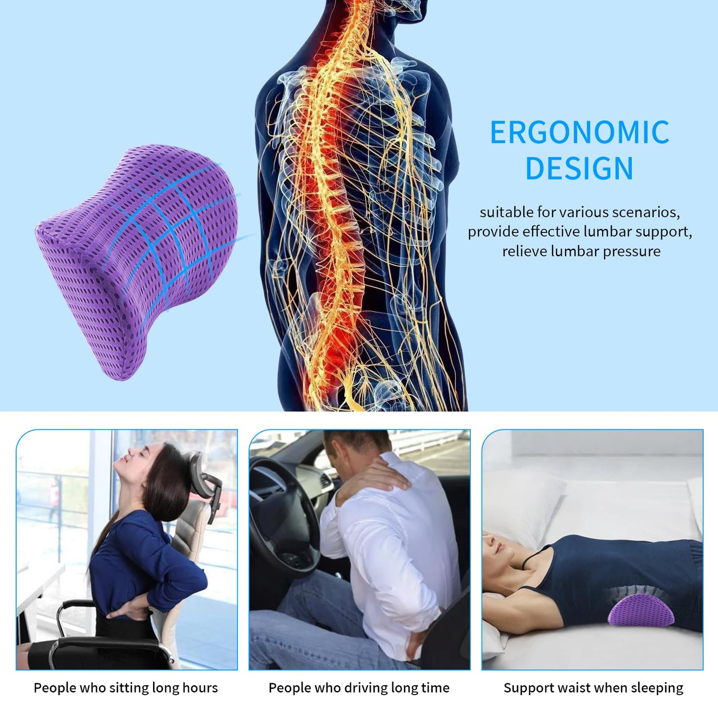 Lumbar Pillow, Memory Foam Lumbar Support Pillow for Office Chair and Car Seat, Back Support Pillow for Lower Back Pain Relief, Support Cushion Back Pillow for Sleeping, Resting, Driving, Traveling