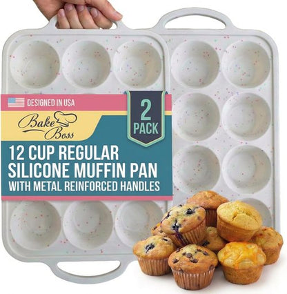 Bake Boss Silicone Muffin Pan - 2-Pack, Metal Reinforced, BPA-Free, 12-Cup Baking Tray