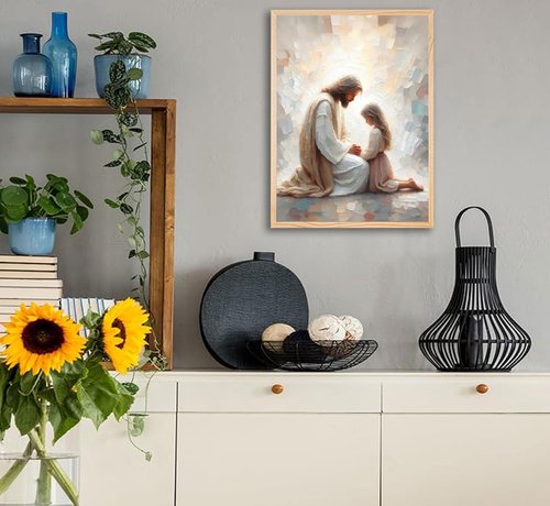 Jesus Wall Art - Christian Spiritual Painting of Jesus Praying with Child | Unframed Religious Decor for Home