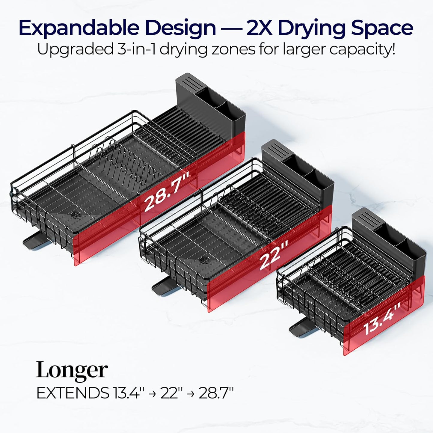Skiennix Large Dish Drying Rack - Expandable Kitchen Counter Drainer with Utensil & Cup Holder | 13.4"-28.7" L x 11.8" W