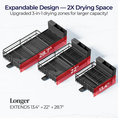 Skiennix Large Dish Drying Rack - Expandable Kitchen Counter Drainer with Utensil & Cup Holder | 13.4"-28.7" L x 11.8" W
