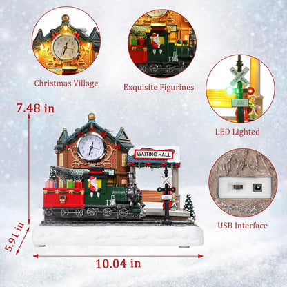 VCUTEKA Animated Christmas Village Train Station - Lighted Musical Santa Decor for Holiday Display
