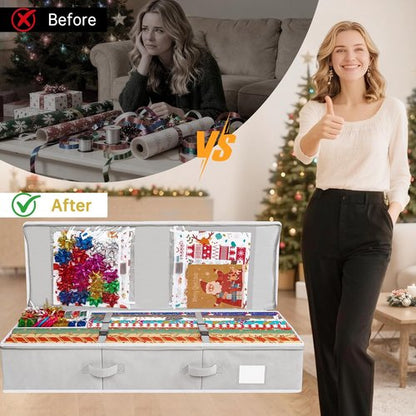 Criusia Gift Wrapping Paper Organizer - Durable Underbed Storage for 24 Rolls with Removable Dividers & Pockets | Grey