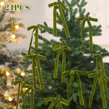 Regine Switzerland Velvet Bows - 24 Pcs Moss Green Christmas Tree Ornaments | Perfect for Home Decor & Weddings (5 x 7 Inch, 5/8 Inch Width)