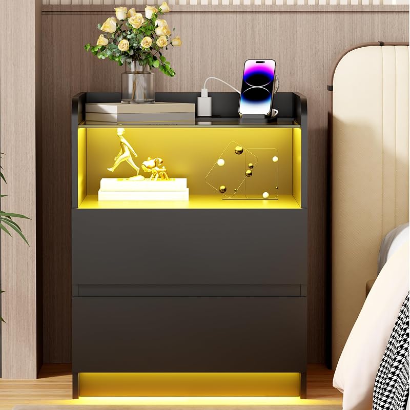 Night Stand with Charging Station and LED Lights - 2 Drawers, Glass Top