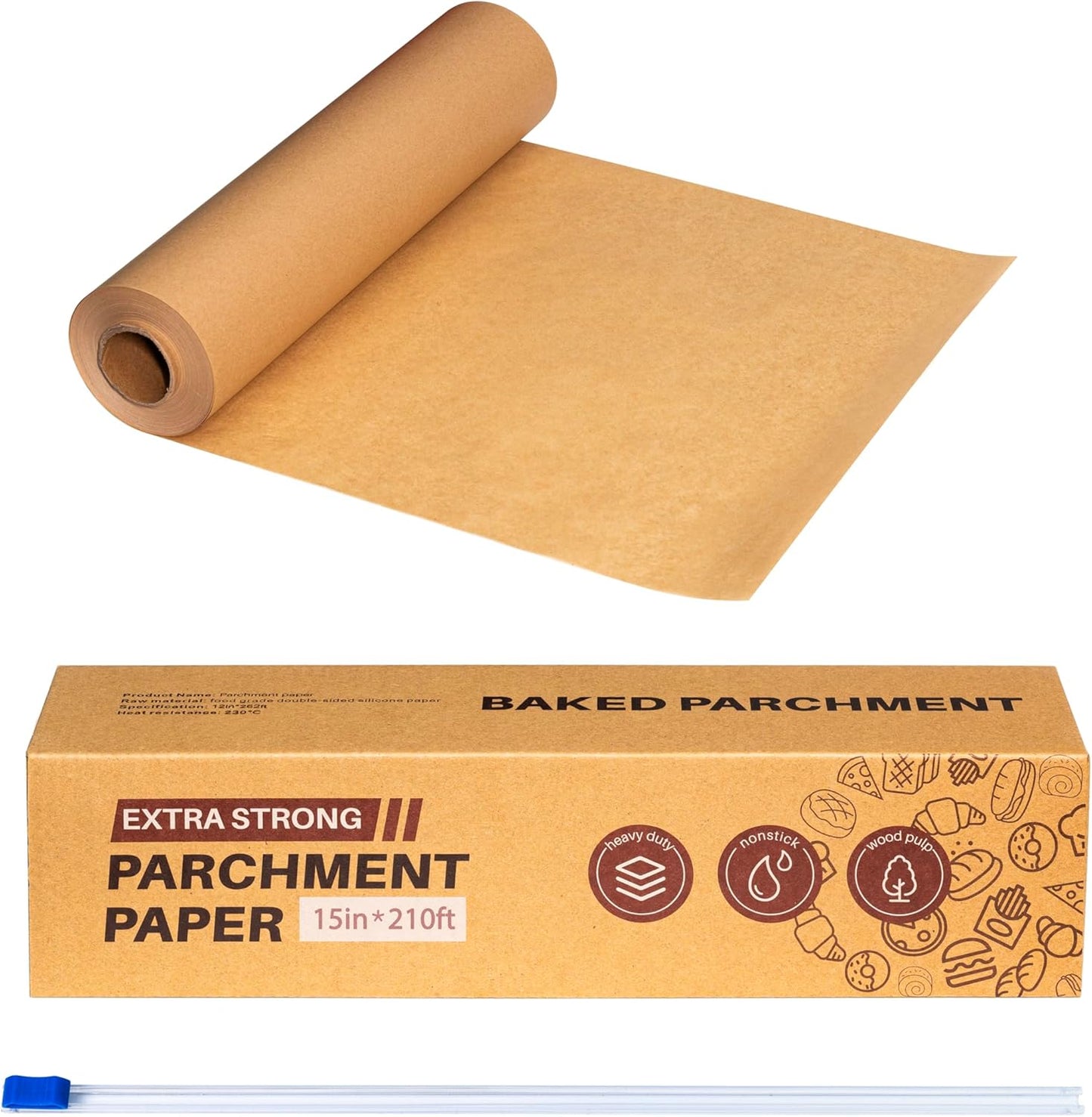 Unbleached Parchment Paper Roll - 15in x 210ft Non-Stick Baking Paper with Built-In Slide Cutter