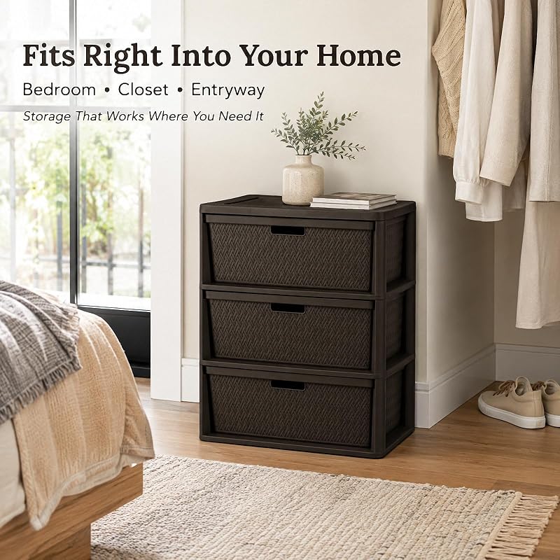 Wide 3-Drawer Decorative Organizer Chest Brown – Cross-Weave Storage Tower