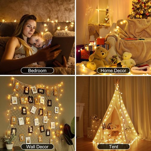 Brightown Star String Lights - 50 LED Battery Operated Fairy Lights with Remote & Timer | 17 ft Waterproof Warm White for Bedroom, Patio, Party Decor