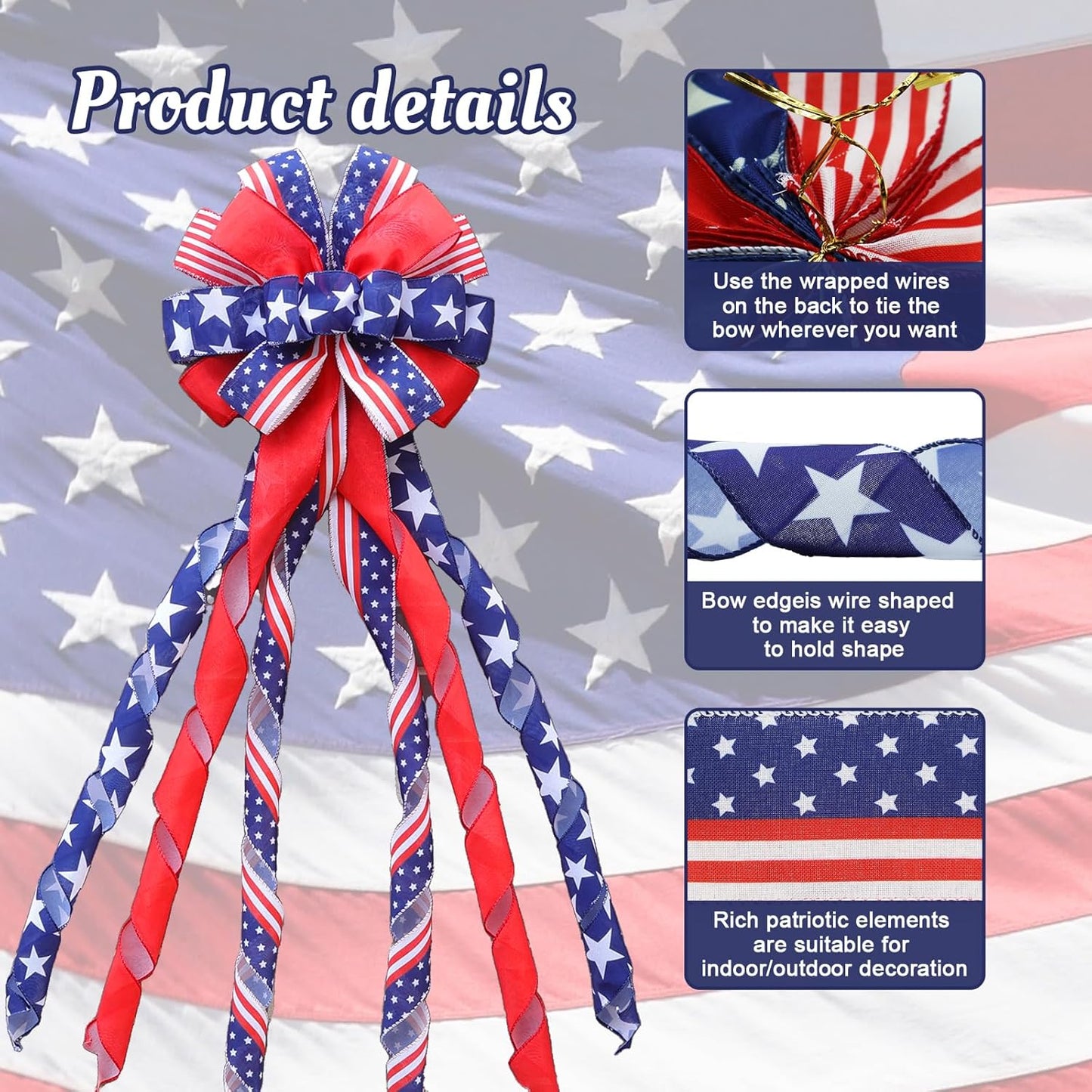 Skiennix Large 4th of July Tree Topper Bow - Pre-Tied Patriotic Ribbon for Wreaths | 52x13 Inch Red, Blue, White