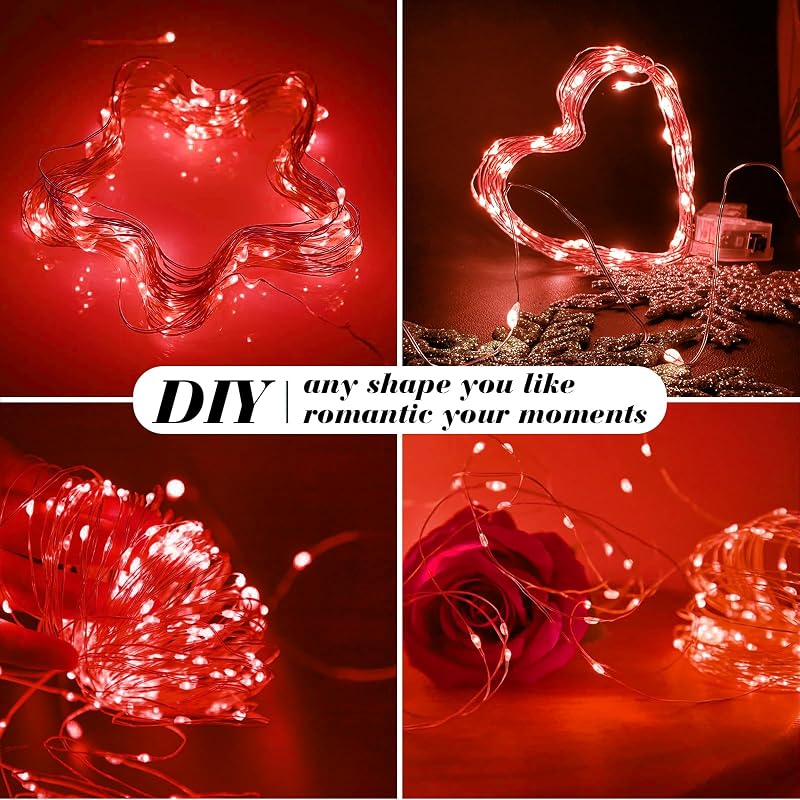 Red Fairy Lights 12 Pack with Remote & Timer - 7ft Silver Wire, IP65 Battery Operated