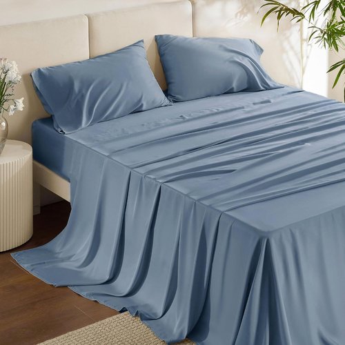 Bedsure Cooling California King Sheet Set - Breathable Rayon from Bamboo, Deep Pocket, Dusty Blue