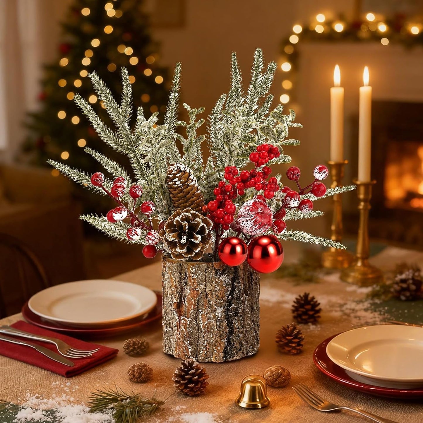 Regine Switzerland Christmas Table Centerpiece - Rustic Pinecones & Red Berries Decor | 2-Piece Set for Coffee Bar, Mantel & Entryway