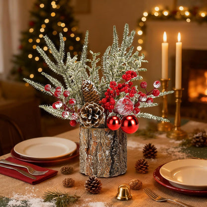 Regine Switzerland Christmas Table Centerpiece - Rustic Pinecones & Red Berries Decor | 2-Piece Set for Coffee Bar, Mantel & Entryway