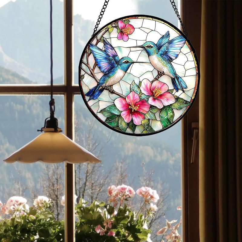Blue White Hummingbird Stained Glass Suncatcher 15 in - Variation Blue Pink + 15x15 IN