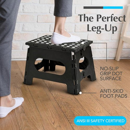 Handy Laundry Folding Step Stool - Sturdy Collapsible Design for Adults & Kids - Easy One-Flip Open - Black, 9 Inch