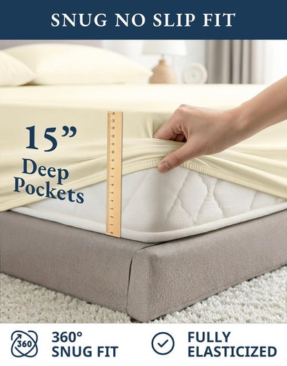 LANE LINEN 100% Organic Cotton Queen Sheets, 4Pc Cotton Sheets Set, Classic Percale Weave Bedsheets Queen Size Bed, Soft Breathable Sheet & Pillowcase Sets, Deep Pocket 15" - Natural