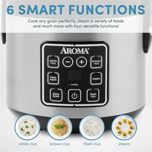 AROMA Digital Rice Cooker - 4-Cup Uncooked / 8-Cup Cooked Capacity | Stainless Steel Multicooker, 2 Qt