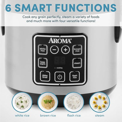 AROMA Digital Rice Cooker - 4-Cup Uncooked / 8-Cup Cooked Capacity | Stainless Steel Multicooker, 2 Qt