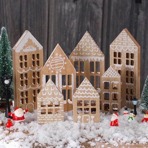 Briwooody 7-Piece Christmas Village Set - Wooden Gingerbread House Decor for Home & Office