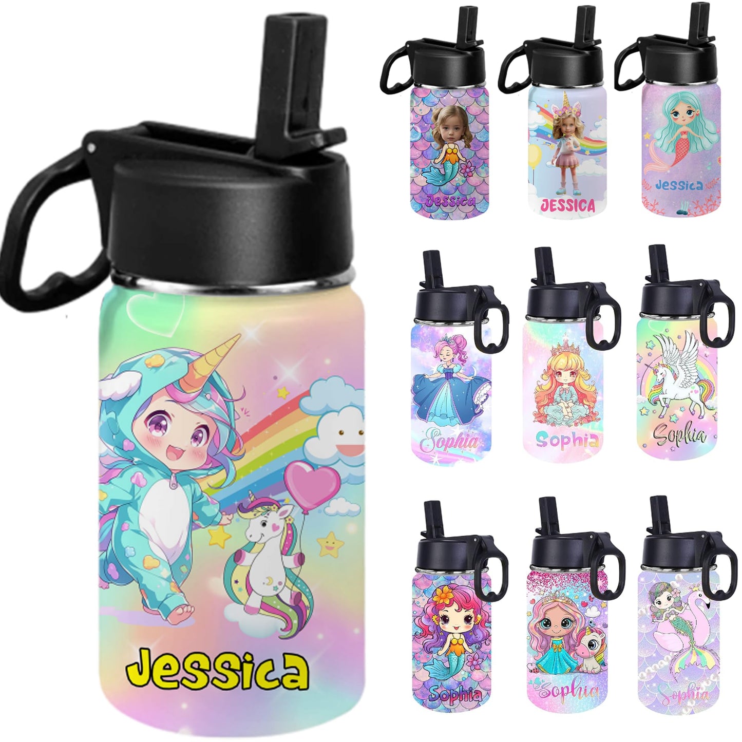 Personalized Kids Water Bottles with Cute Pattern 12oz Custom Gradient Color Water Cup with Kids Name Cute Water Bottle Gift for Girls Daughter Granddaughter Toddler Children School Birthday