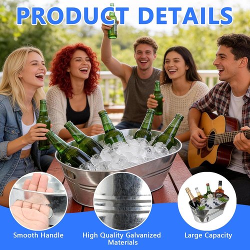 8 Pack Galvanized Tub, Metal Bucket for Drinks 4 Gallon Beverage Tub Large Ice Buckets for Parties Drink Buckets with Carry Handles Tin Bucket for Beer, Cocktail, Wine, Champagne, Fruits