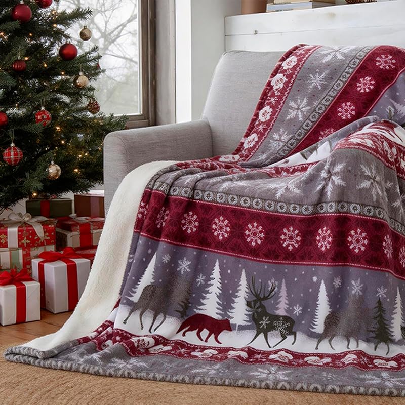 Winter Nordic Reindeer Throw Blanket - Burgundy 51"×67" Fleece, Queen