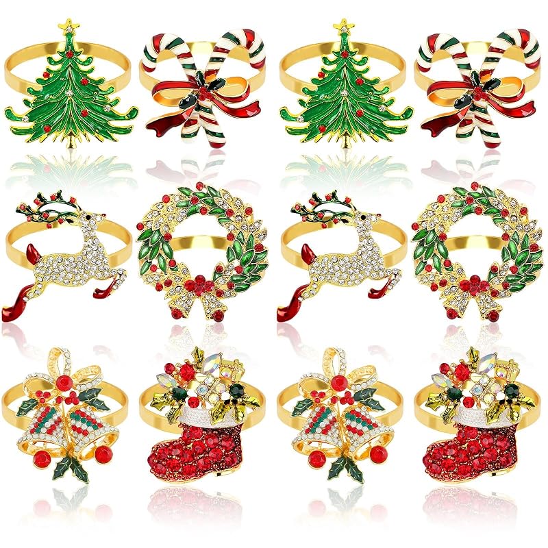 Holiday Napkin Ring Set of 12 - Christmas Table Decor, Crystal Rhinestone Rings, Variation: Holiday Napkin Ring