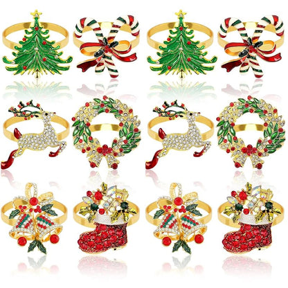Holiday Napkin Ring Set of 12 - Christmas Table Decor, Crystal Rhinestone Rings, Variation: Holiday Napkin Ring