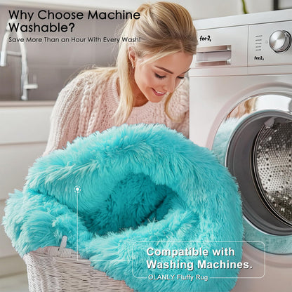 OLANLY 2x3 Machine Washable Small Bedside Rug, Soft Fluffy Shaggy Entryway Throw Rugs for Bedroom, Living Room, Indoor Floor Carpet for Kids Girls Boys, Nursery Rooms, Home Decor Aesthetic, Teal Blue