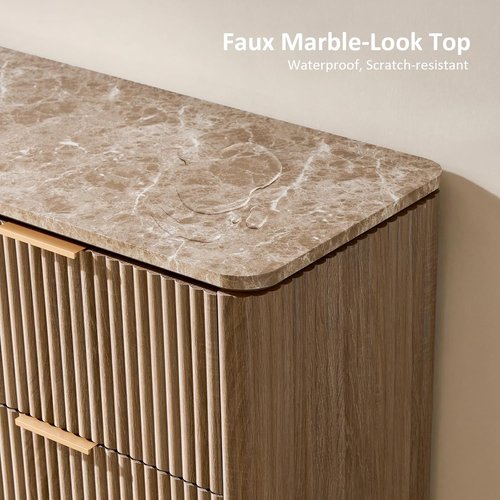 Fluted Dresser by [Brand Name] - 6 Drawer Chest with Faux Marble Top | Curved Design in Natural Oak