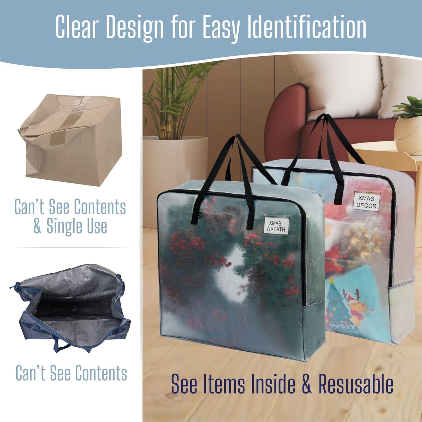 VENO Clear Moving Bags - Heavy Duty Packing Totes for 30" Wreaths, Clothes & Bedding | 4 Pack