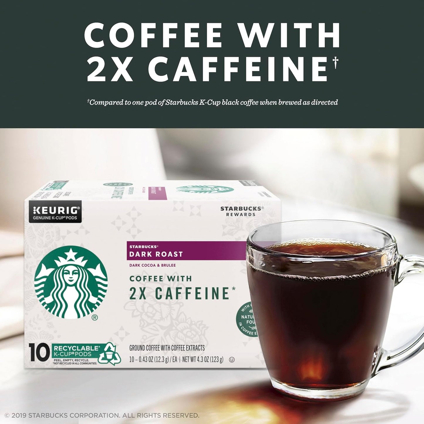 Starbucks Dark Roast K-Cup Coffee Pods - 2X Caffeine for Keurig Brewers | 60 Pods in 6 Boxes
