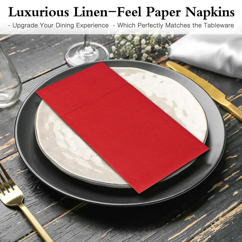 Disposable Linen-Feel Napkins with Built-In Flatware Pocket, Red 50 Count