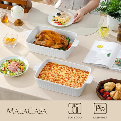 MALACASA 4.4 QT Ceramic Baking Dish - Large 9x13 Casserole Pan with Rack & Handles | Oven & Microwave Safe, White