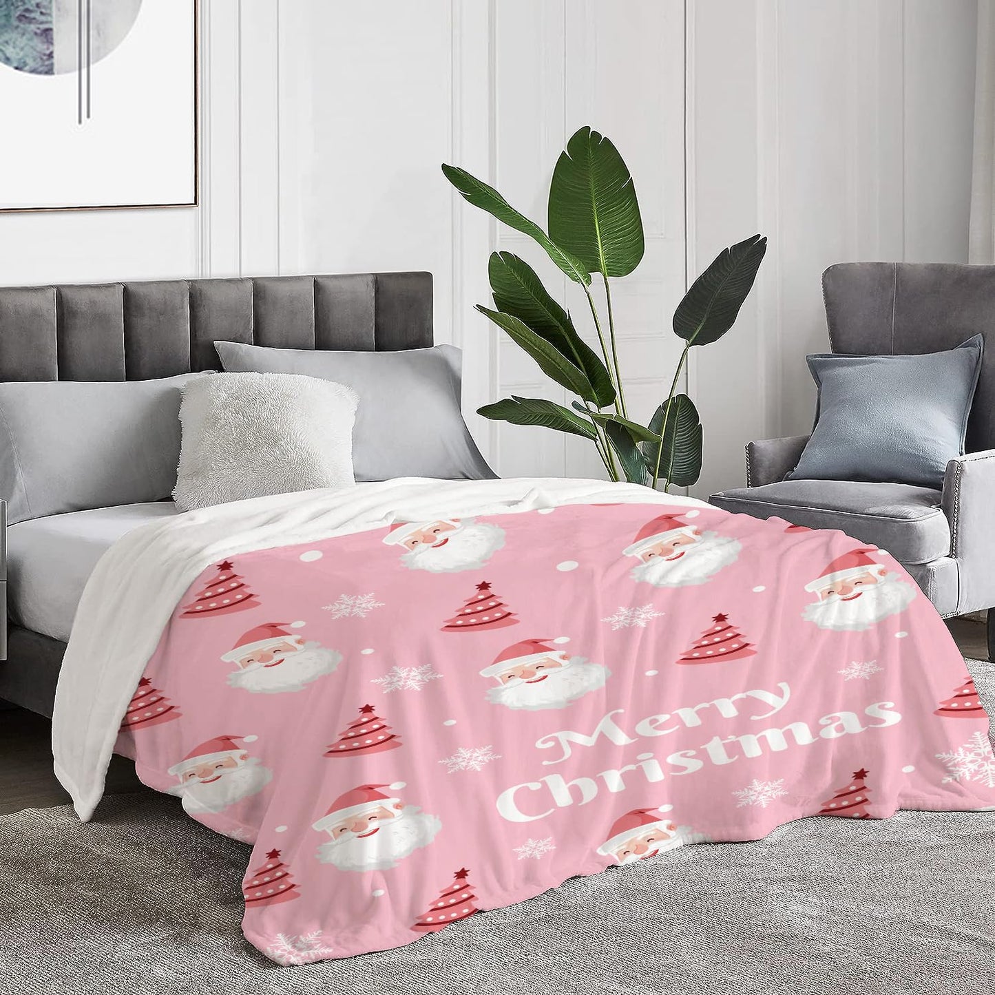 Neatee Living Christmas Throw Blanket Queen Size Pink Cute Santa Claus Blanket Xmas Winter Holiday Blanket Bed Couch Large Big Soft Lightweight Fuzzy Plush Fleece Blankets and Throws 90x90