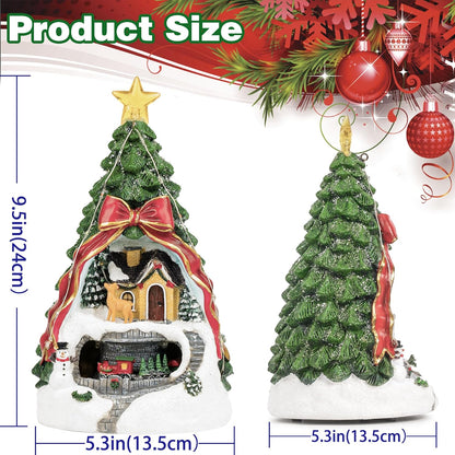 MXwcy Animated Musical Christmas Tree Village - Lighted Figurine with Spinning Santa Train | Plays 8 Holiday Carols, Perfect Tabletop Decor