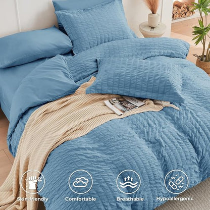 HYMOKEGE King Size Comforter Set - Luxury 7-Piece All-Season Bedding in Mineral Blue with Sheets & Pillowcases