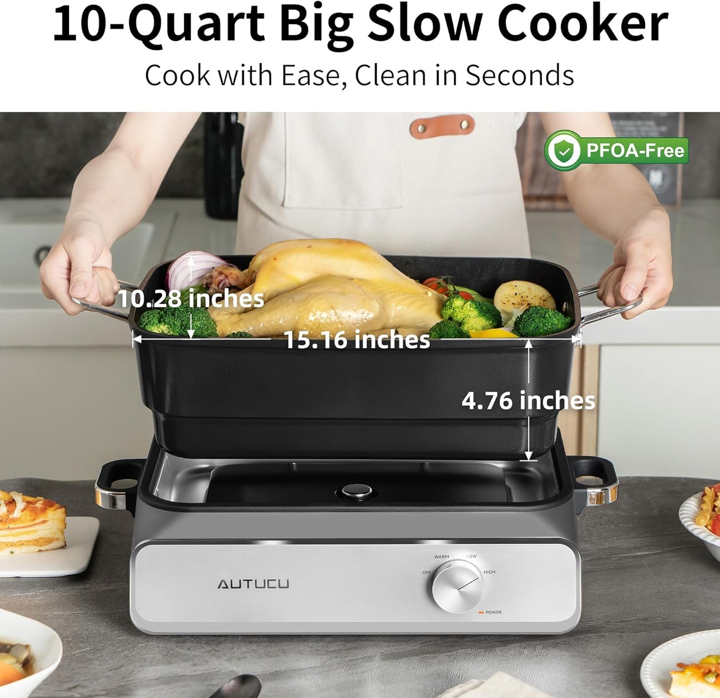 Slow Cooker 10-Quart - PFOA-Free Ceramic Coating & Oven Safe to 450°F | Ideal for Family Gatherings
