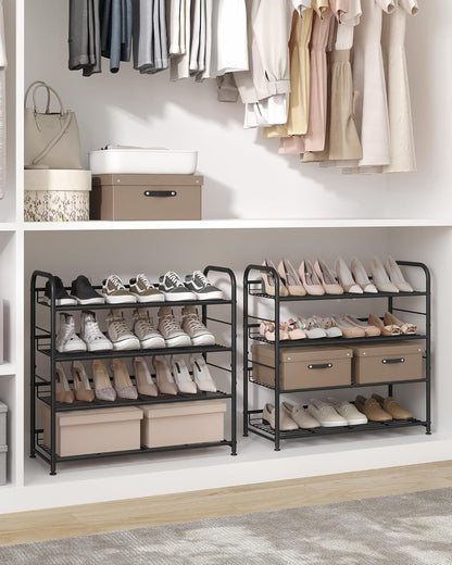 SONGMICS 4-Tier Shoe Rack - Stackable Metal Storage Shelf for 16 Pairs | Adjustable Slanted Design, Black