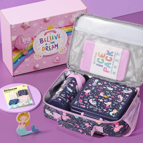 Fimibuke Kids Bento Lunch Box Set - 4 Compartments, Insulated Bag & Stainless Steel Bottle | Perfect Birthday Gift for Ages 3-12