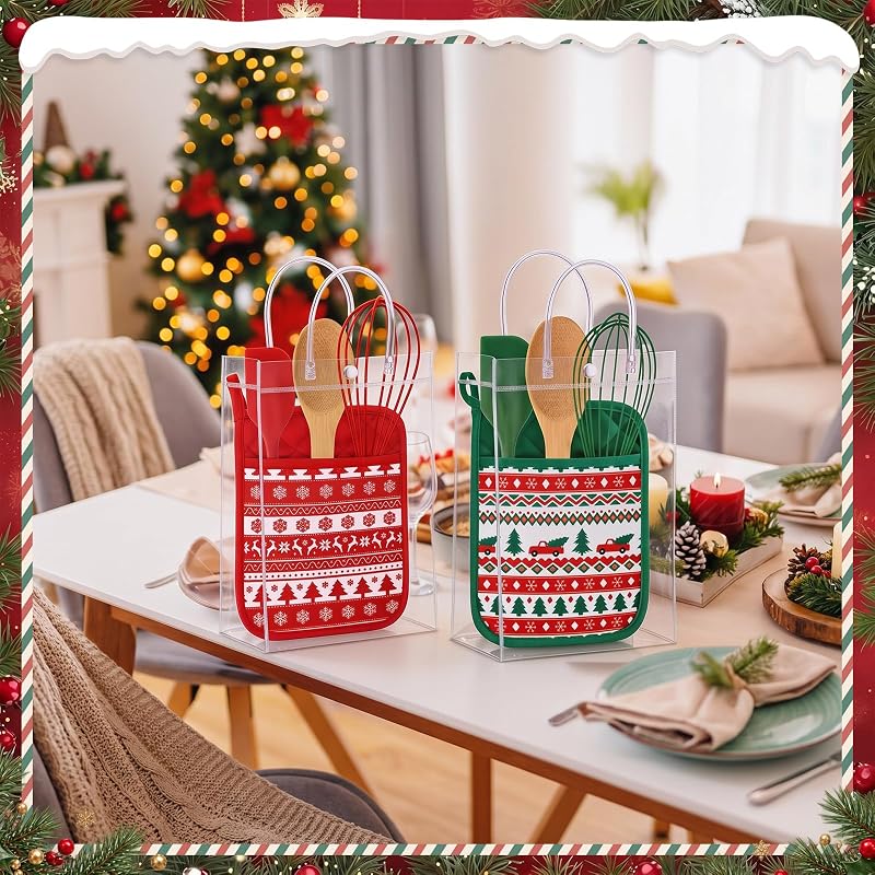 Christmas Pot Holders & Utensil Gift Set – 6 Potholders, 6 Spatulas, 6 Spoons, 6 Gift Bags, Vintage Knit Pattern (Red & Vintage)