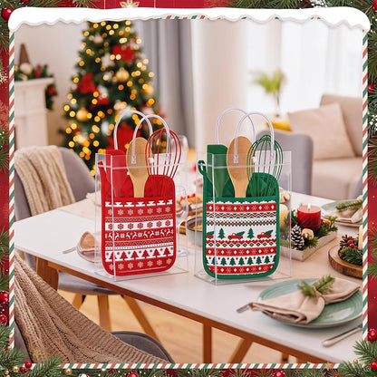 Christmas Pot Holders & Utensil Gift Set – 6 Potholders, 6 Spatulas, 6 Spoons, 6 Gift Bags, Vintage Knit Pattern (Red & Vintage)