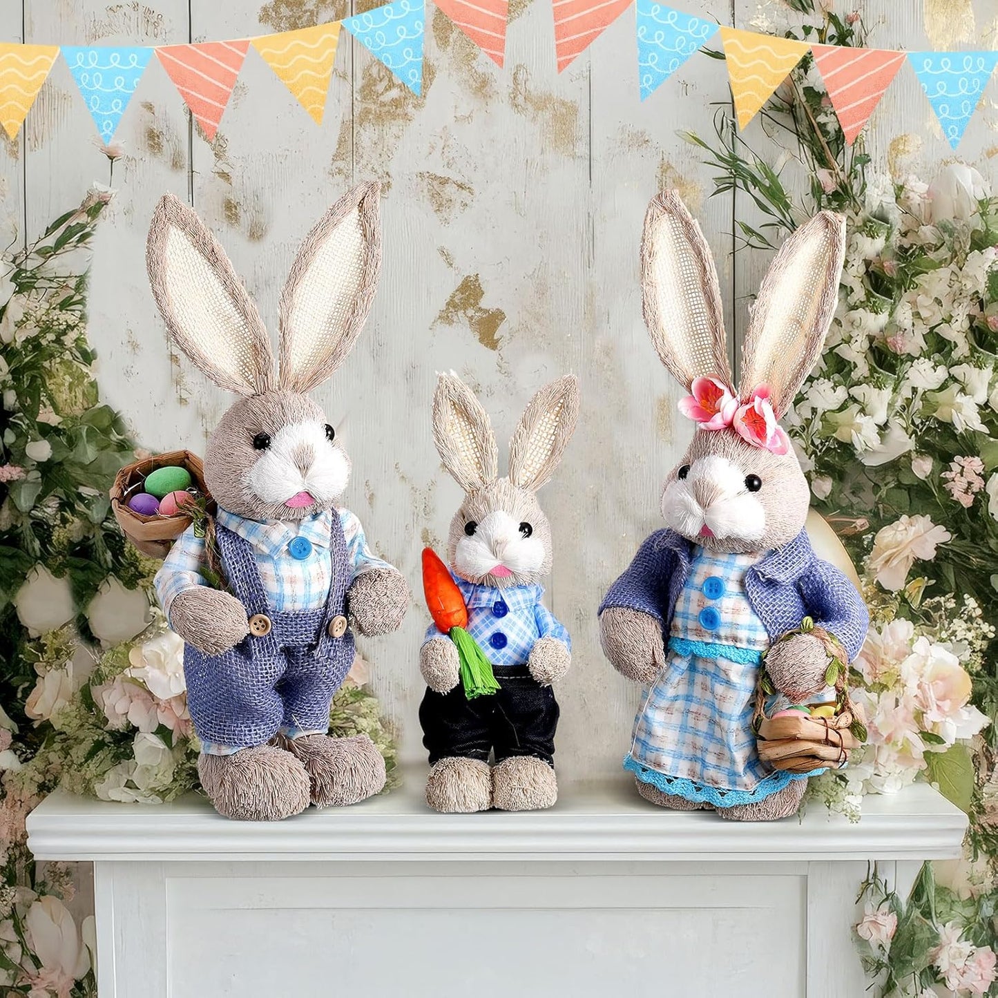 Wesiti Easter Bunny Decorations - Set of 3 Natural Sisal Figurines | 13.8" & 9.8" for Spring Home Decor