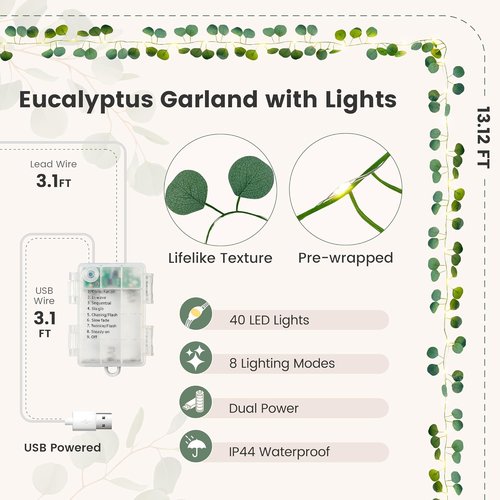 Eucalyptus Garland with 40 LED Fairy Lights - Lighted Greenery Vine with Remote & Timer, IP44 for Home Decor